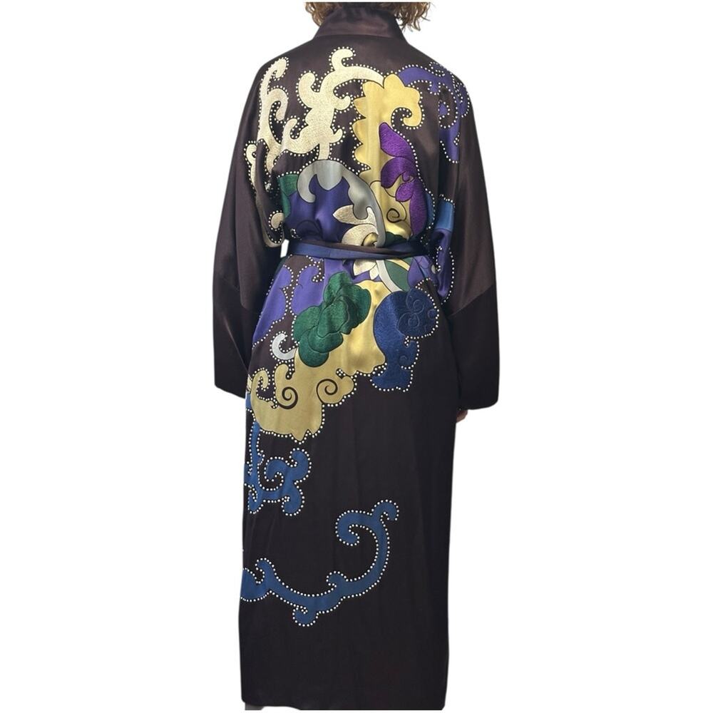 VTG Y2K Shanghai Tang Silk Dragon Kimono Robe Sz S Chocolate Brown Embroidery